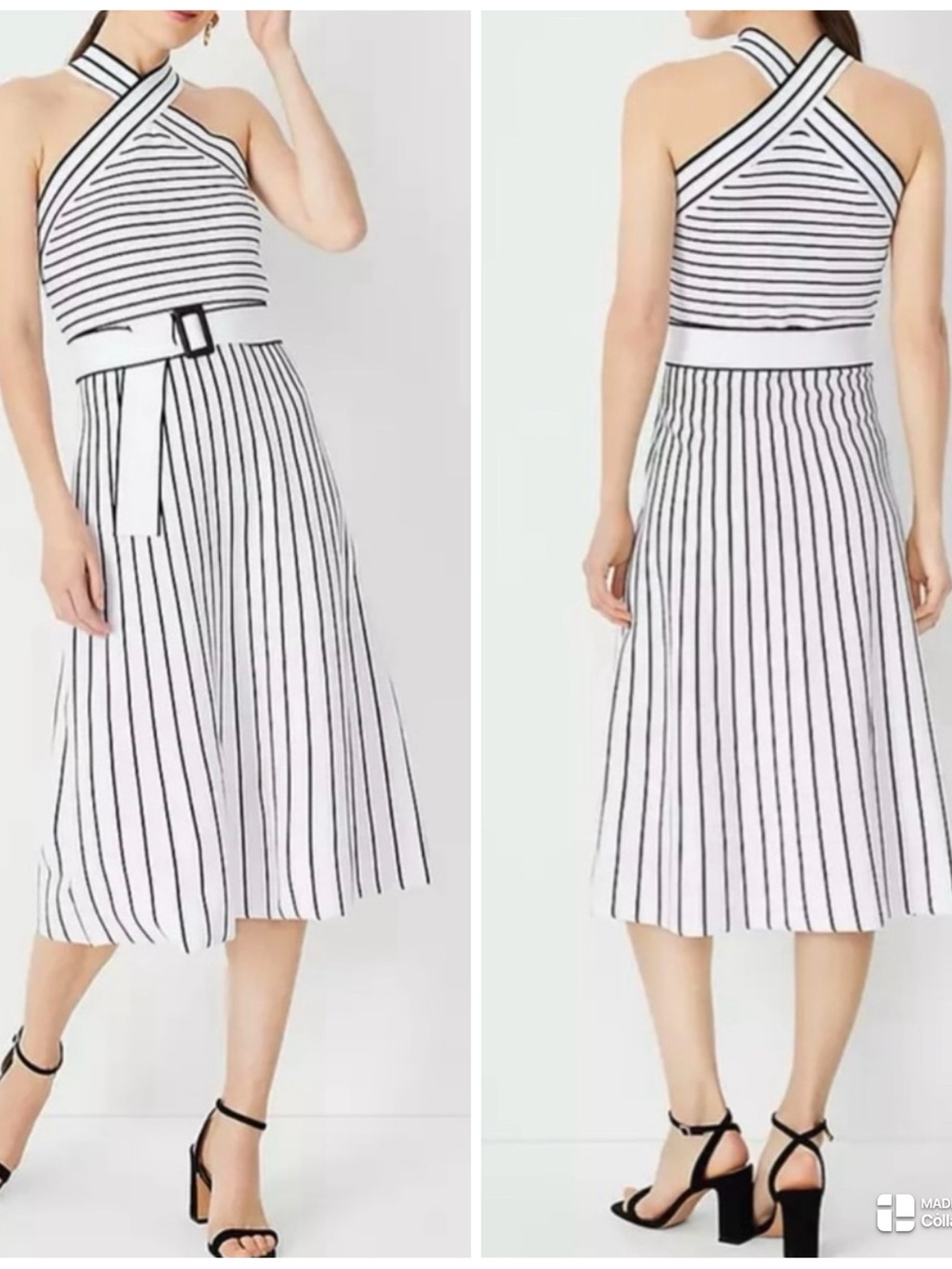 Ann Taylor Striped Halter Knit Midi Dress with Belt Large NWT